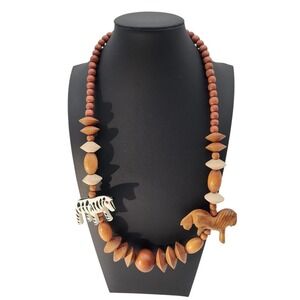 Vintage Africa Safari Zebra Lion Wood Beaded 27" necklace